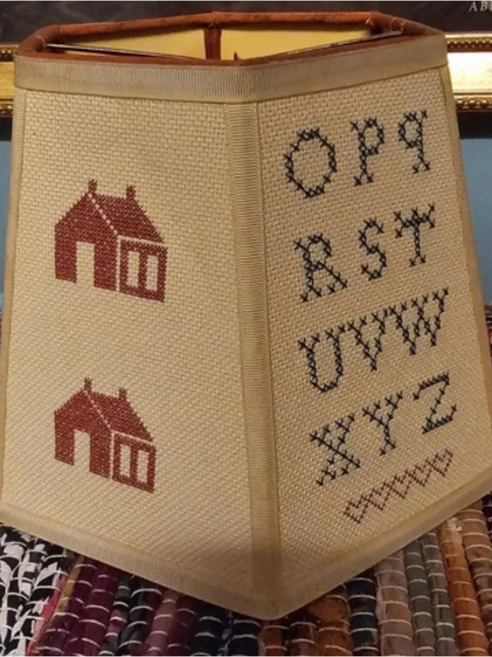 Amazing Vintage Folk Art Primitive Cross Stitch Sampler Lampshade 6-3/4